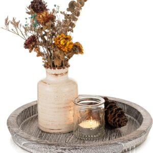Romadedi Rustic Wooden Tray Candle Holder - Small Decorative Plate Pillar Candle Tray Wood for Farmhouse Dinning Table Kitchen Countertop Coffee Table Organizer Home Decor, Washedwhite,11inch