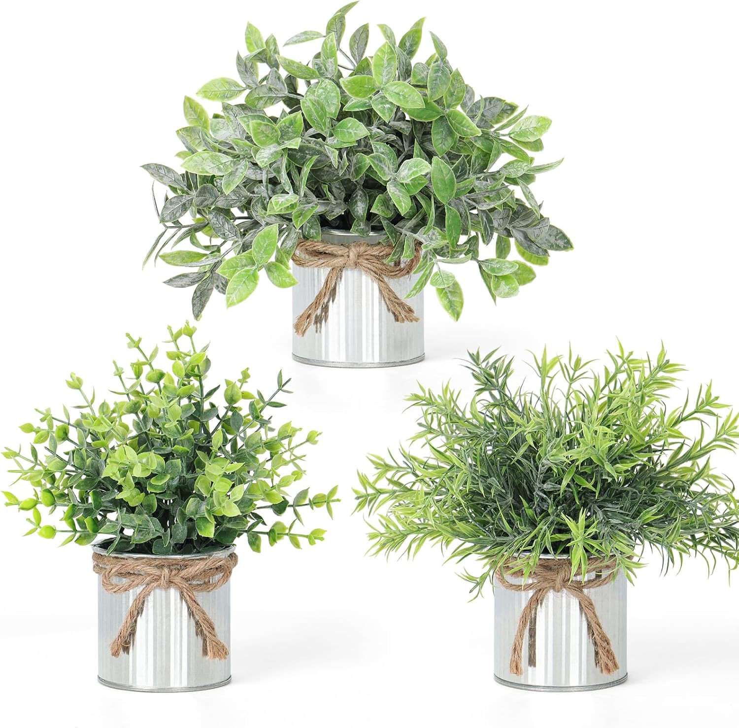 SOMYTING Fake Plants 3 Packs Potted Artificial Plants Fake Greenery in Galvanized Metal Pots Faux Plants in Pots for Shelf Table Centerpiece Office Farmhouse Home Decor