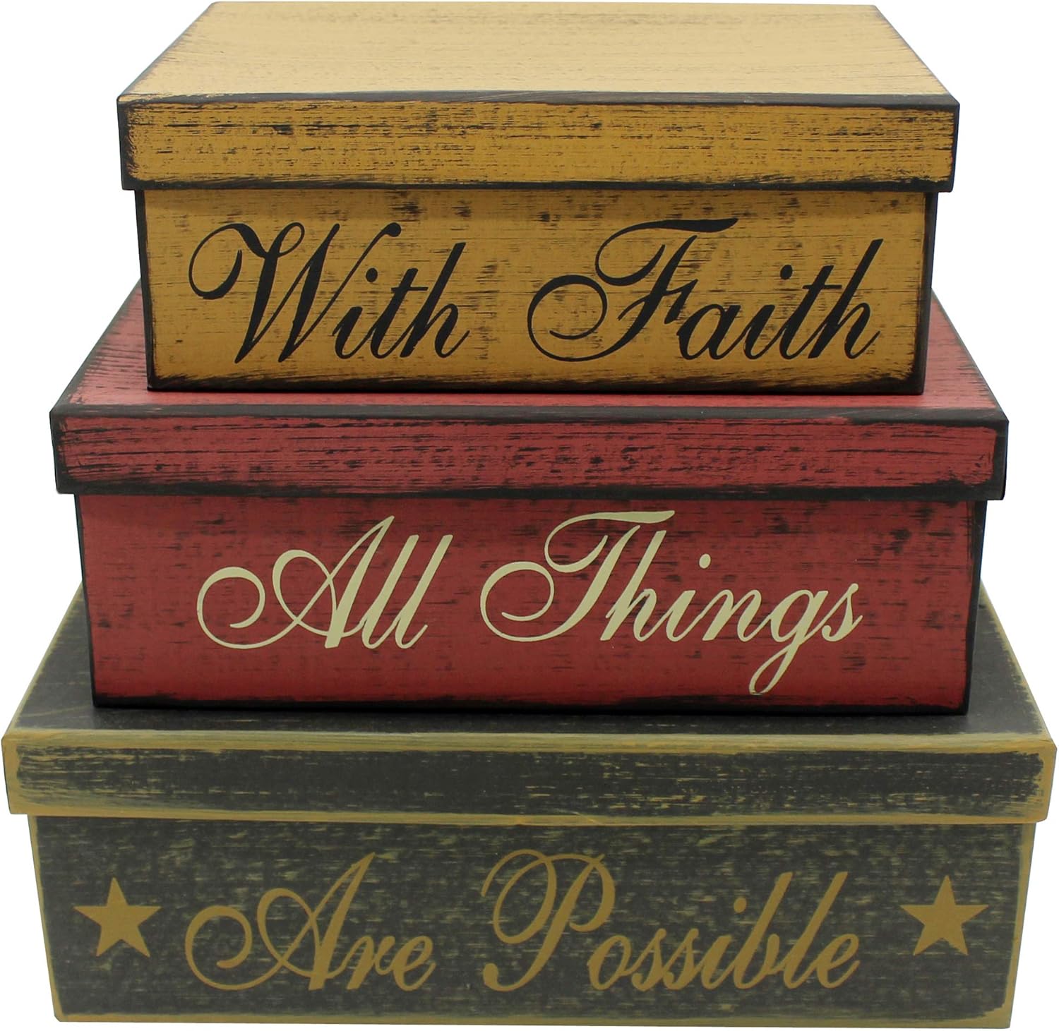 CVHOMEDECO. Primitives Vintage Rectangular Cardboard Nesting Boxes With Faith All Things Are Possible for Photos Memories Keepsakes and Home Decor., Large 12 X 8 X 4 Inch. Set of 3.