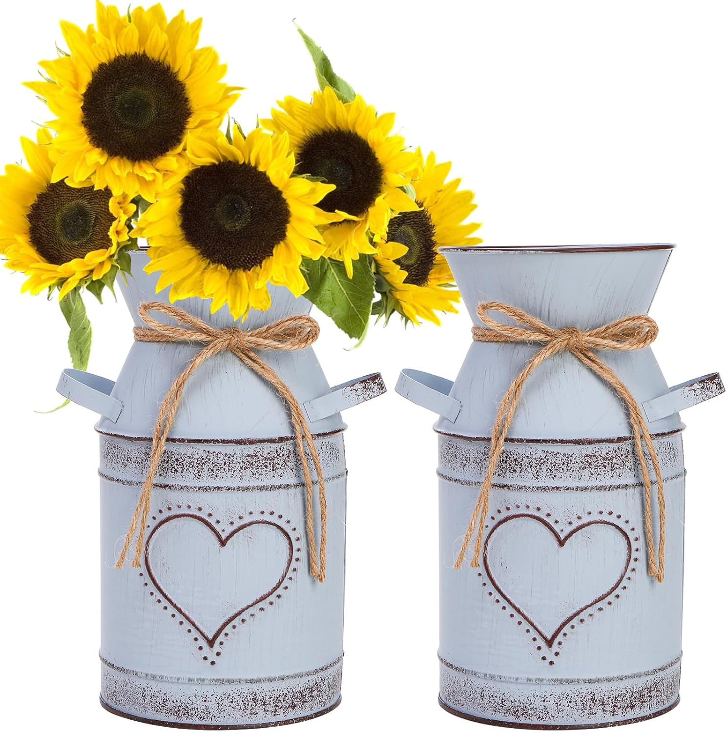 Dicunoy 2 Pack Shabby Chic Vase, Metal Milk Can Jug, 7.5" Rustic Farmhouse Flowers Vases, Vintage Galvanized Farmhouse Bucket, French Shabby Chic Decor for Dried Floral Arrangements,Table Centerpiece