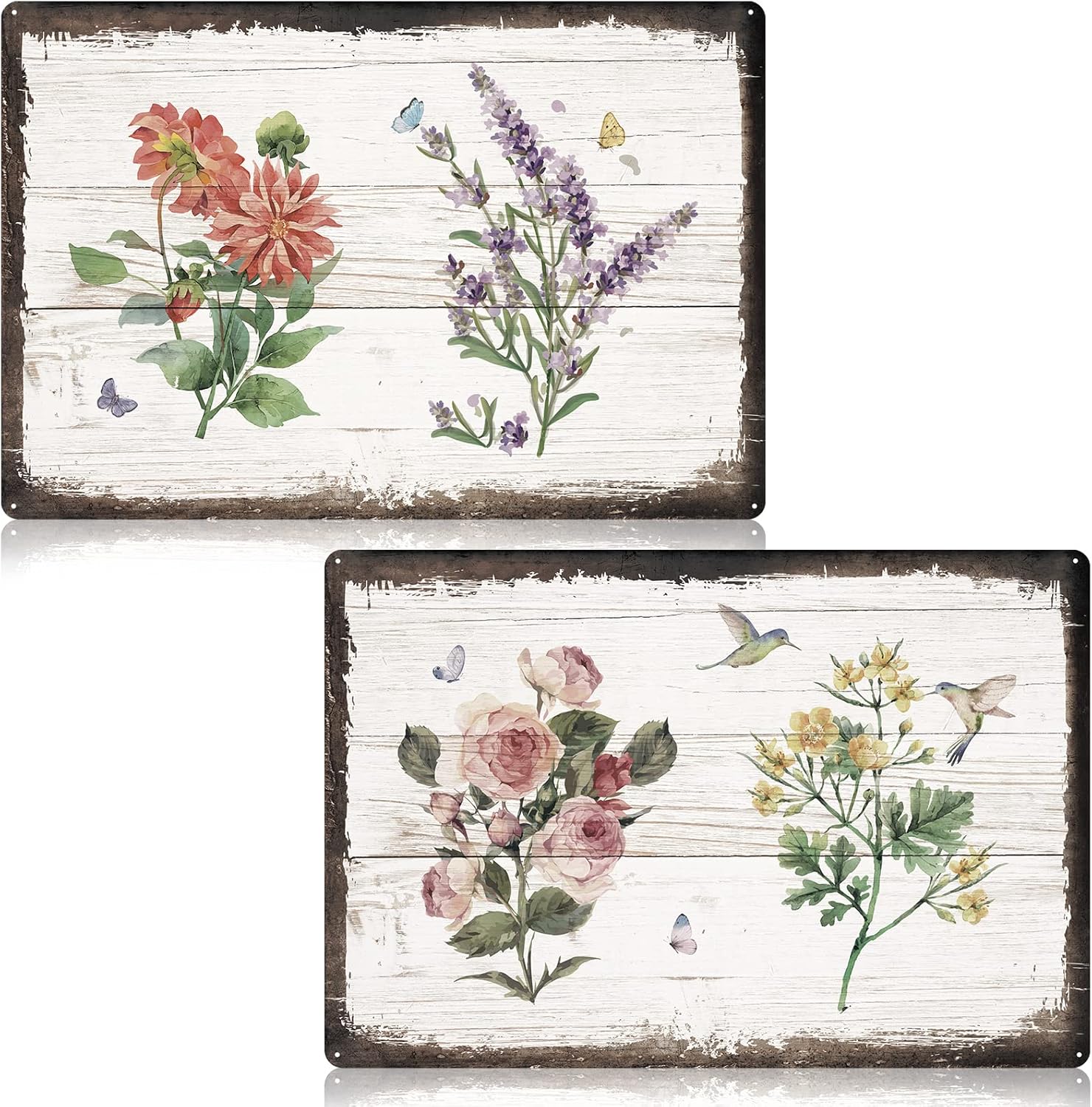 Loopeer 2 Pcs Vintage Flower Metal Tin Signs Vintage Rose Botanical Wall Decor Rustic Country Farmhouse Chic Bathroom Metal Signs Shabby Wall Decor for Christmas Home Bathroom Bedroom Decoration