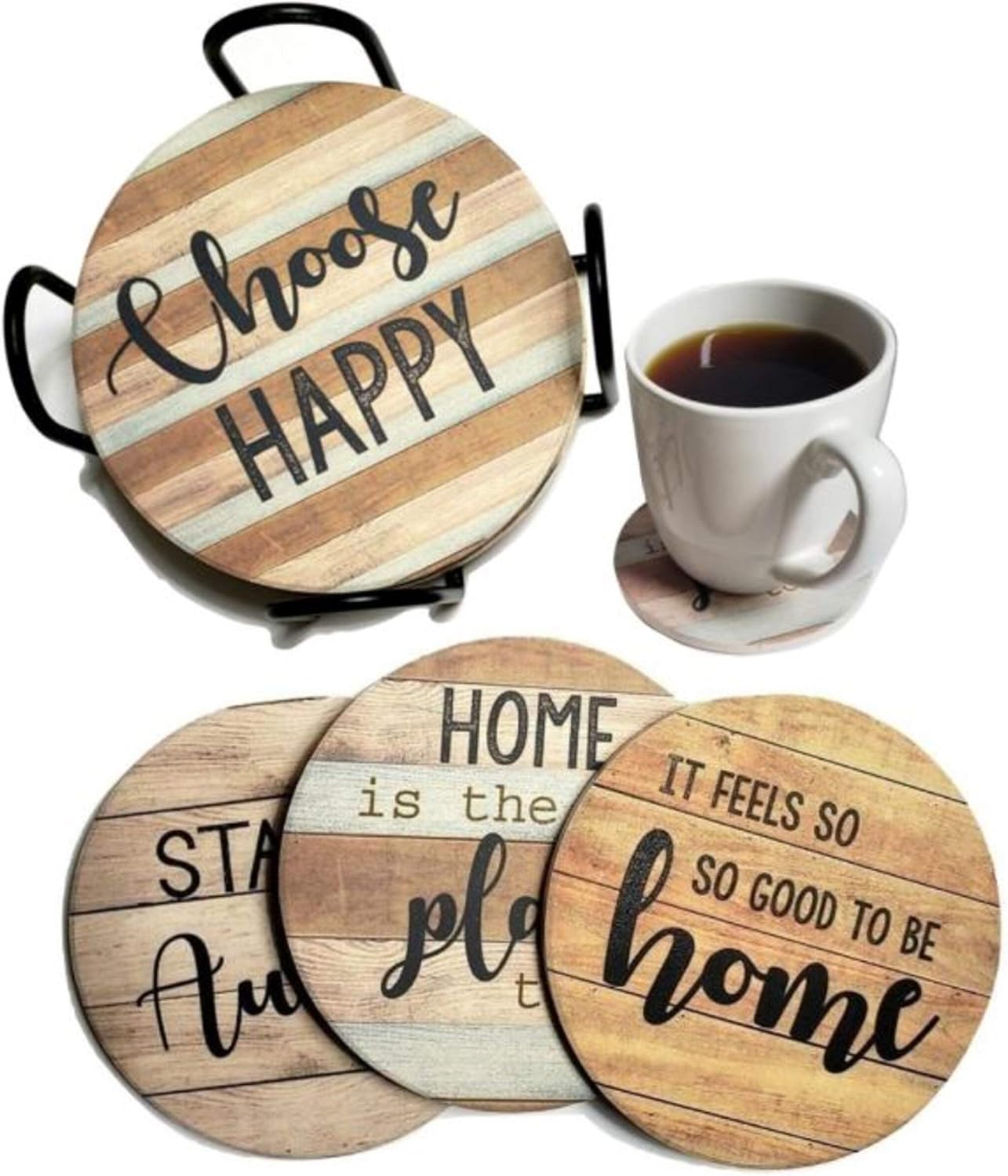 PANCHH Rustic Farmhouse Stone & Cork Coasters for Drinks, Absorbent - Set of 6 Coasters with Holder - Best Housewarming Gifts for New Home Ideas - Cute Kitchen and Coffee Table Dcor & Accessories
