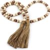 CVHOMEDECO. Wood Beads Garland with Tassels Farmhouse Rustic Wooden Prayer Bead String Wall Hanging Accent for Home Festival Decor. Mix Distressed