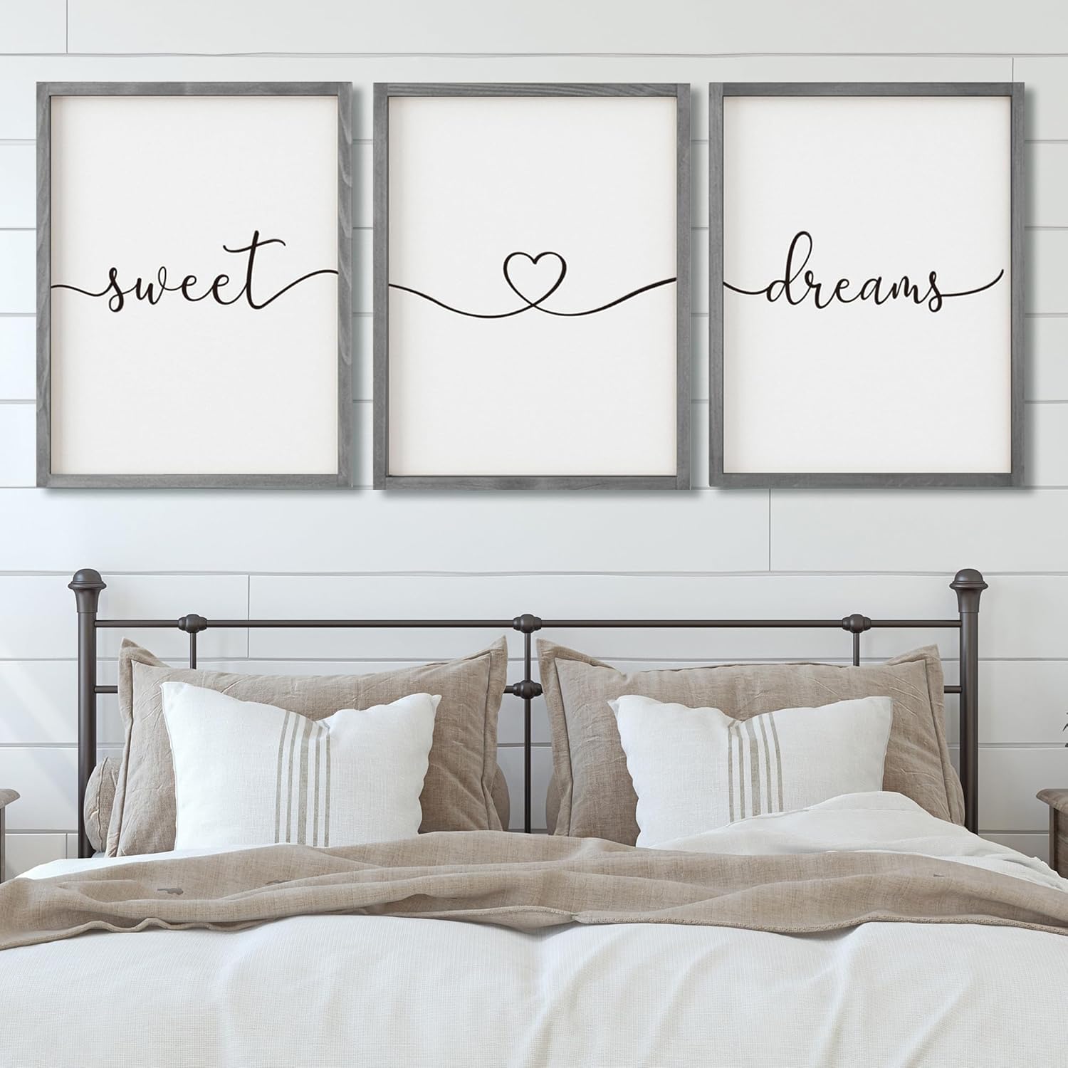 Set of 3 Framed Farmhouse Sweet Dreams Sign 11x14 Above Bed Wall Decor for Bedroom Decor Wall Art Wood Signs (11"x14", Gray)