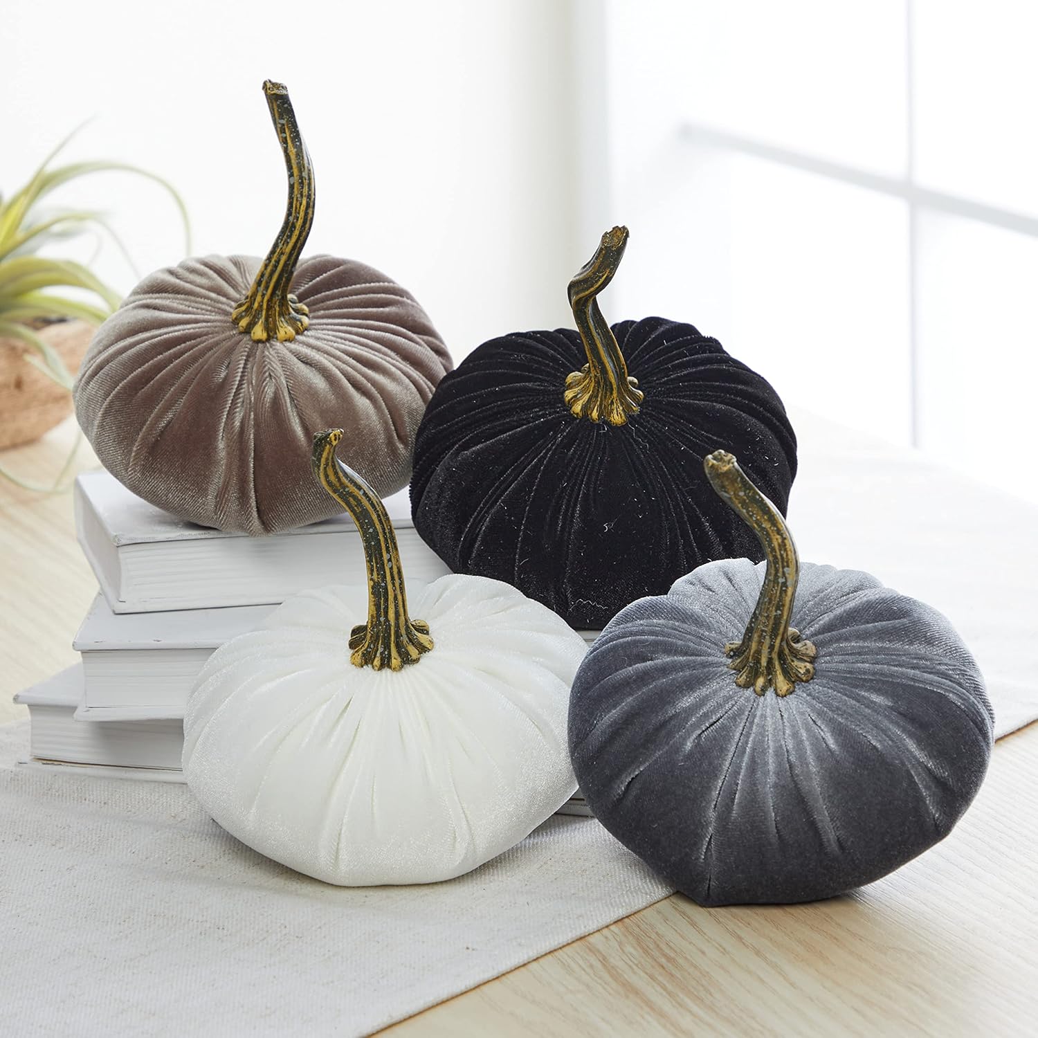 Small velvet pumpkins set of 4, black farmhouse Halloween decor, gray pumpkins for fall decorations, cozy gift idea, pumpkin tray decor(Sm Gray Taupe Ivory Black)