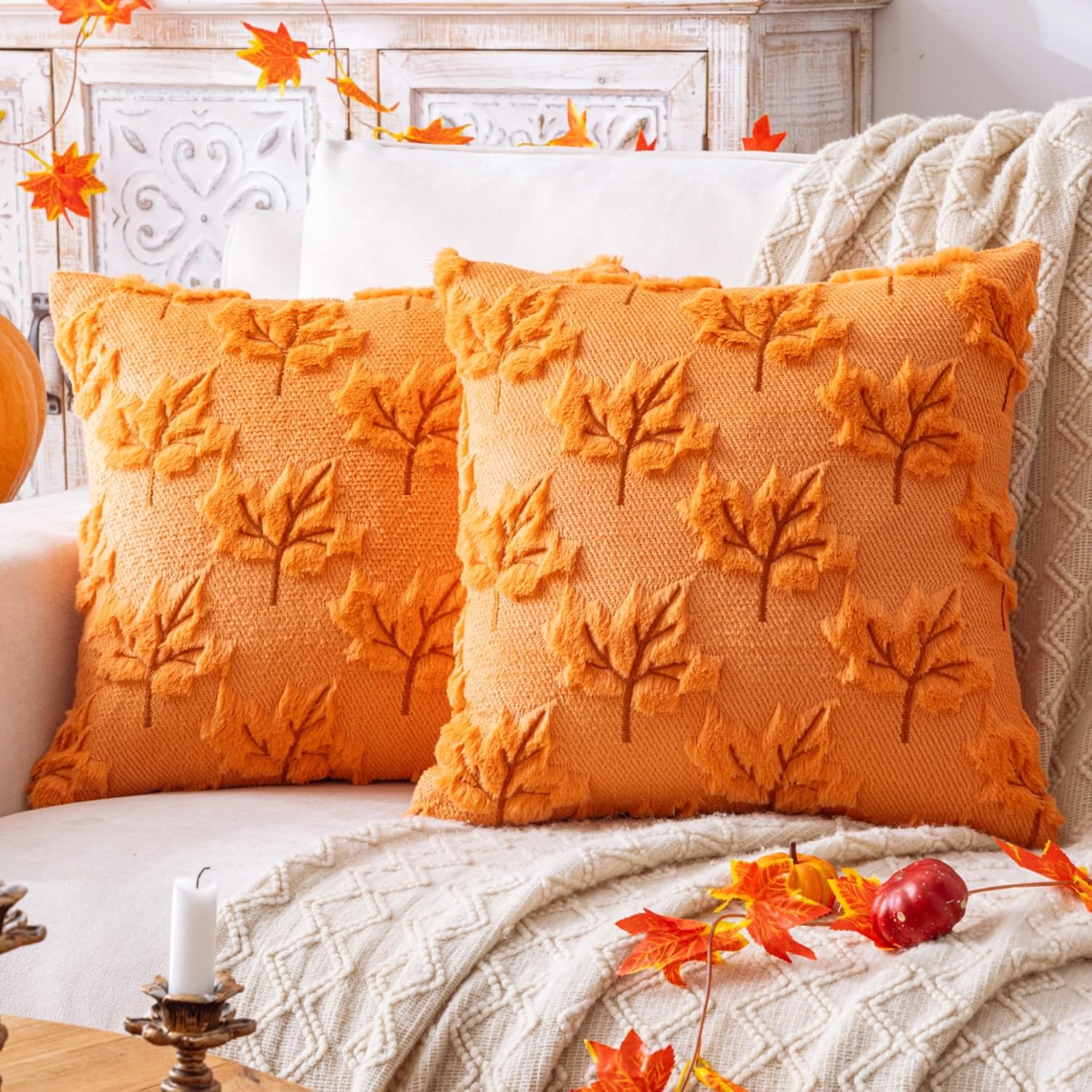 Maple Leaf Fall Orange Throw Pillow Covers 18x18 Inch, Set of 2 Autumn Harvest Holiday Pillows Covers for Couch Sofa Home Thanksgiving Decorations Farmhouse Cushion Covers