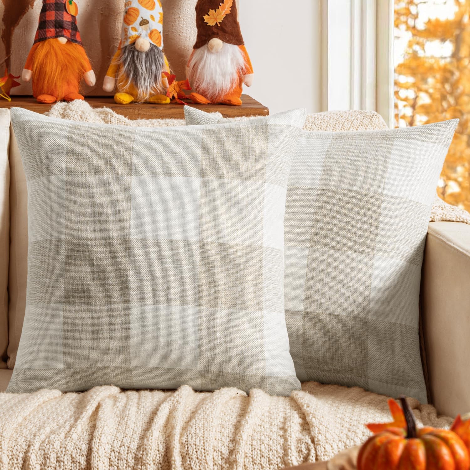 MIULEE Pack of 2 Farmhouse Buffalo Check Plaids Polyester Linen Soft Soild Decorative Square Throw Pillow Covers Home Decor Cushion Case for Christmas Sofa Bedroom 18x18 Inch Cream White and White