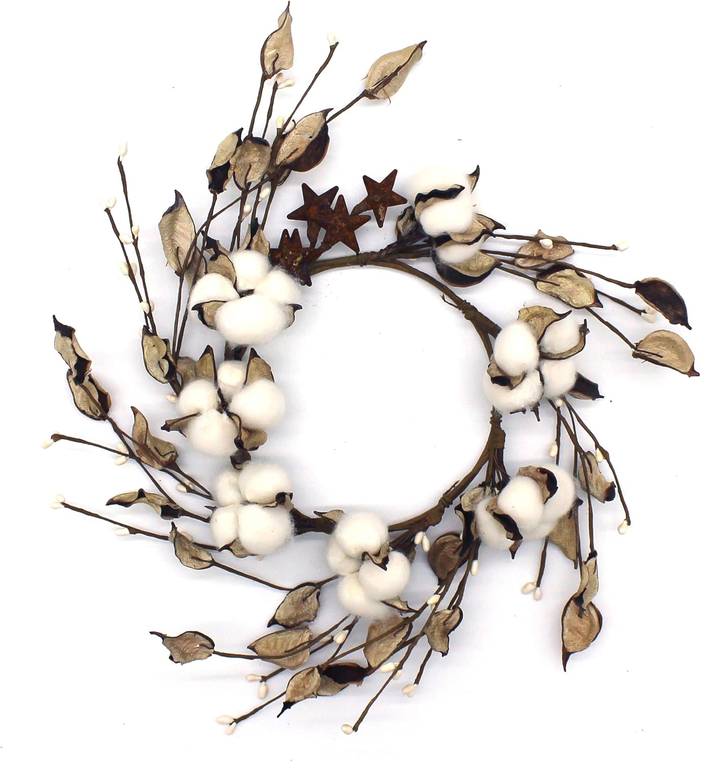 CVHOMEDECO. Primitives Rustic Pod Pip Berries and Autumn Leaves with Rusty Barn Stars Wreath (Cotton Pod Pip Berries/Autumn Leaves, 14")