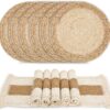 Zology Handmade Boho Placemats Set of 6 - Natural Cotton Burlap and Water Straw Woven Combination Table Mats, Macrame Dcor and Farmhouse Style Placemats, for Dining Table Kitchen