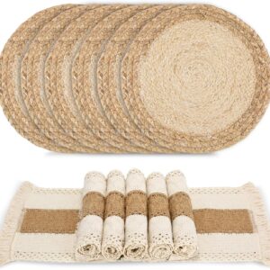 Zology Handmade Boho Placemats Set of 6 - Natural Cotton Burlap and Water Straw Woven Combination Table Mats, Macrame Dcor and Farmhouse Style Placemats, for Dining Table Kitchen