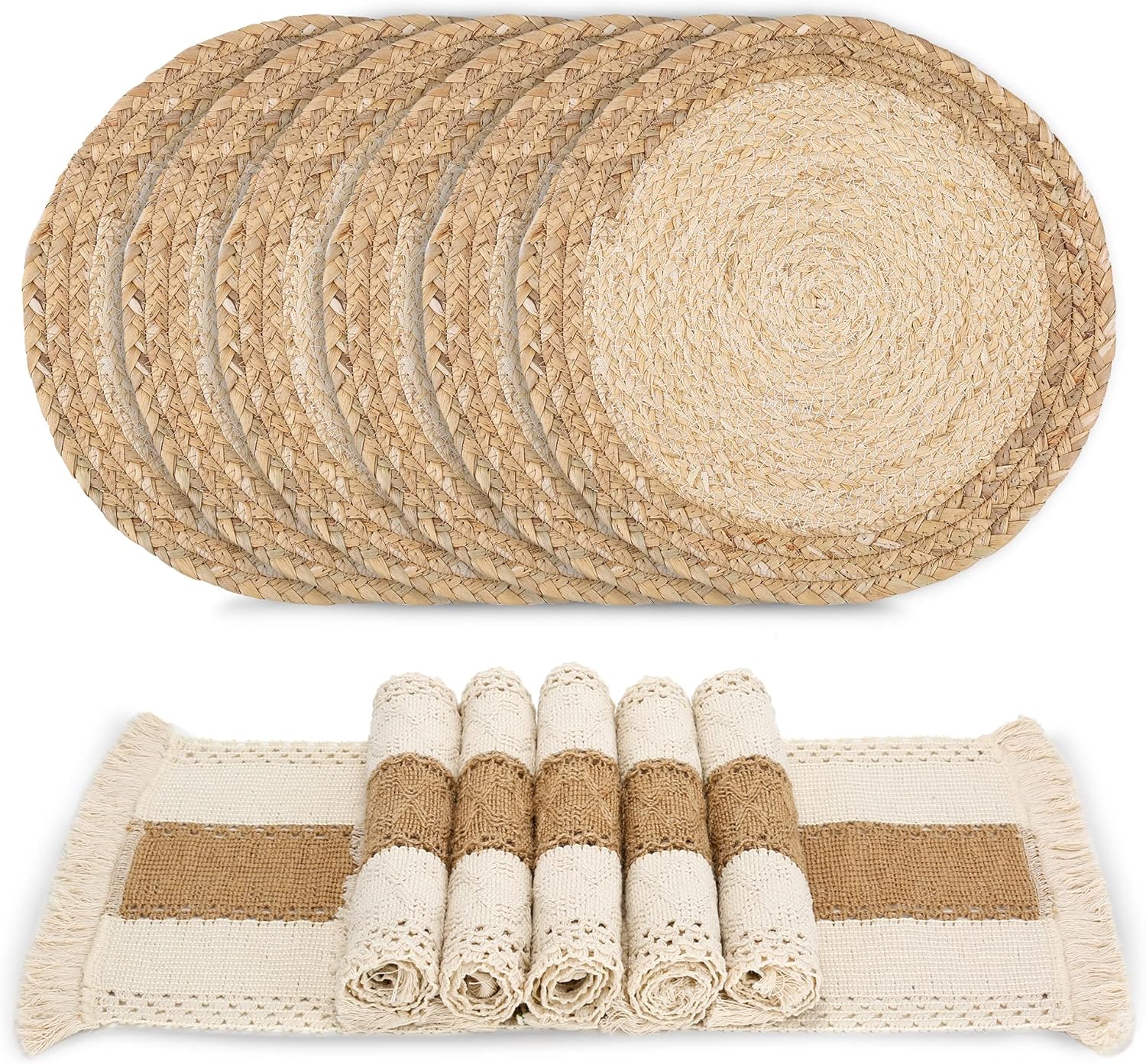 Zology Handmade Boho Placemats Set of 6 - Natural Cotton Burlap and Water Straw Woven Combination Table Mats, Macrame Dcor and Farmhouse Style Placemats, for Dining Table Kitchen